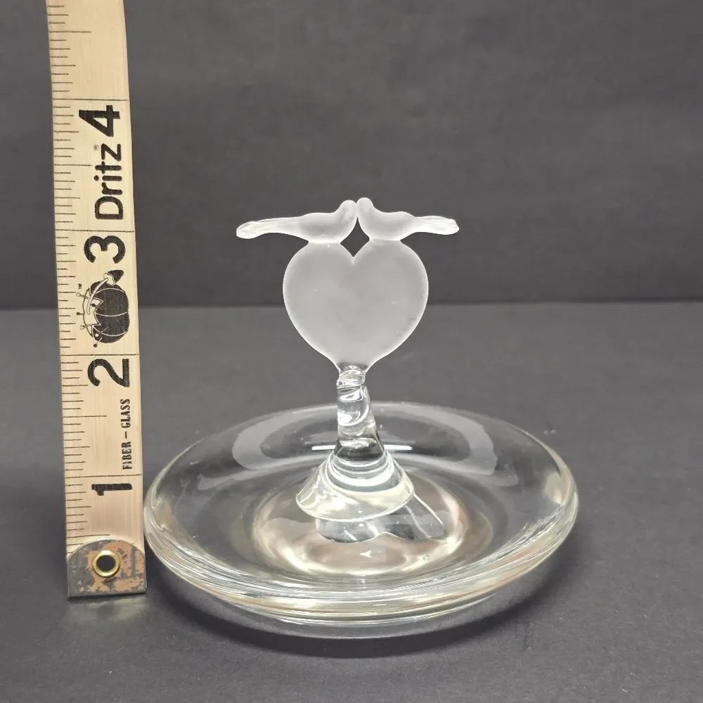 Vintage Crystal Jewelry Trinket Dish Frosted Heart and Doves Romantic Love